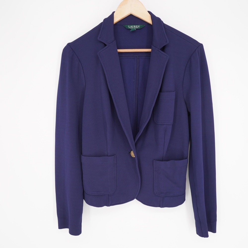 Lauren Ralph Lauren Blazer Womens M Blue One-Button Notch Lapel Slim Stretch
